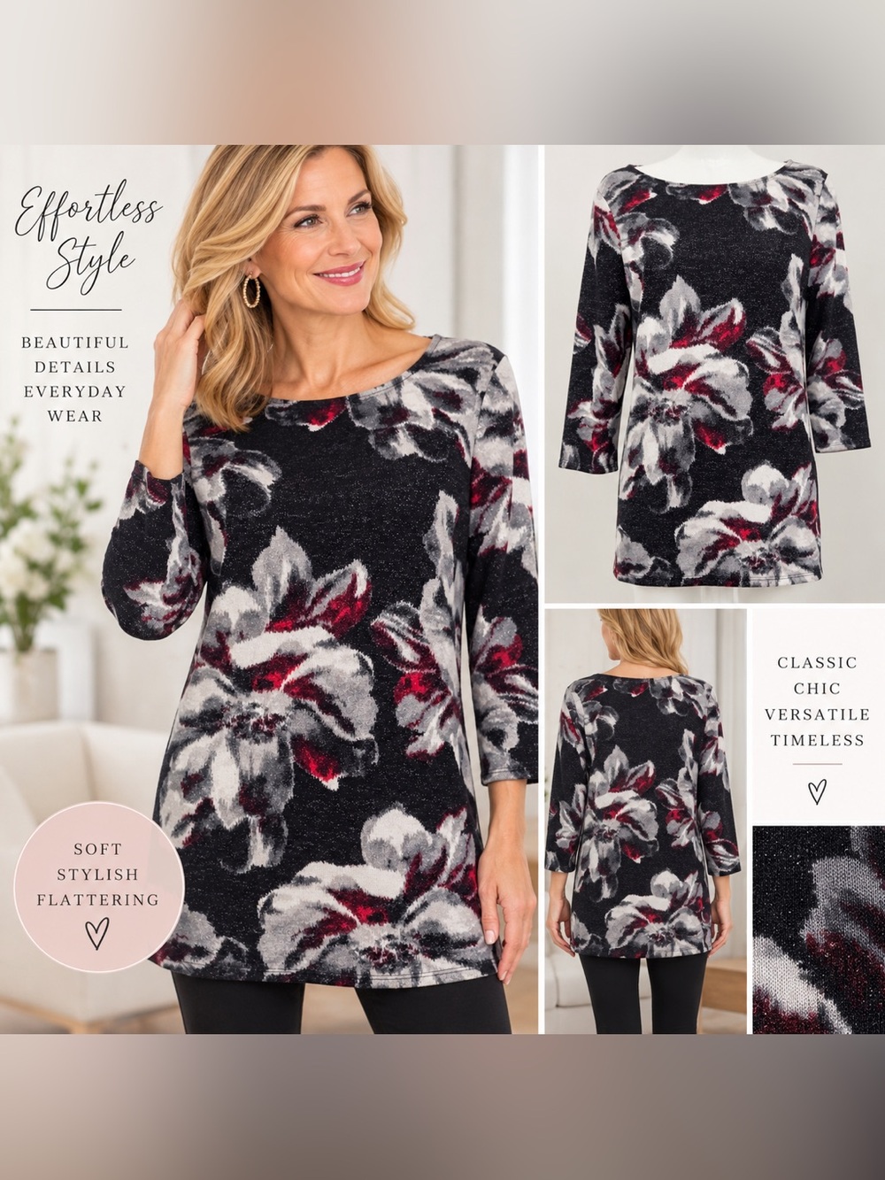 Chicos NWOT Floral Print Tunic Top with Sparkle SZ 1/M/8
